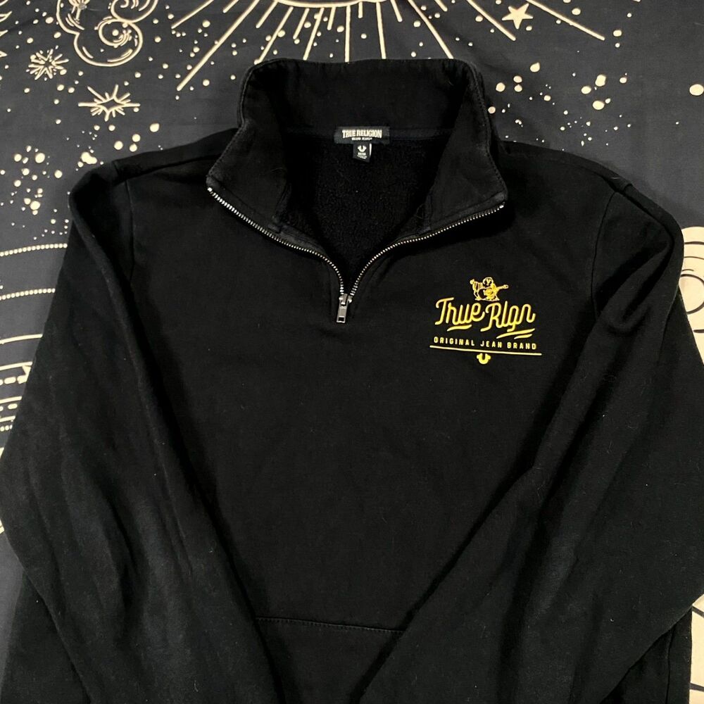 True Religion Sweatshirt Men's M Black Cotton Fleece Lined Gym & Training Preppy - Picture 2 of 7